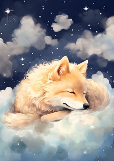 a painting of a sleeping fox in the clouds