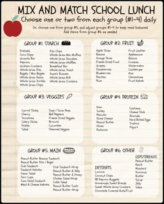 a menu with an apple on it and the words, mix and match school lunch