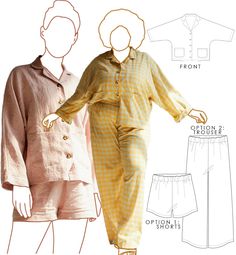 an image of a woman's pajamas and pants sewing pattern, with the measurements shown