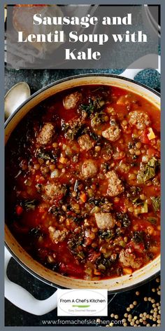 sausage and lentil soup with kale in a pot