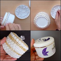 four pictures showing different types of pearls and beads in various stages of being put together