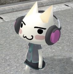 an animated cat with headphones on walking down the street