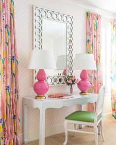 an instagram page with a pink and white desk, green chair, and mirror