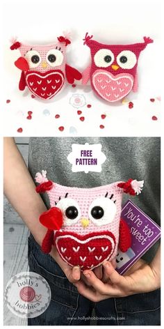 two stuffed owls with hearts on their chests, one is pink and the other is red