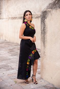 One Shoulder Floral Ruffle Dress. Hand Embroidered Dress. - Etsy Mexican Bridesmaid Dresses, Mexican Fiesta Dresses, Hand Embroidered Dress, Mexican Quinceanera Dresses, Traditional Mexican Dress, Carnival Dress, Mexican Embroidered Dress, Fiesta Dress, Style Birthday