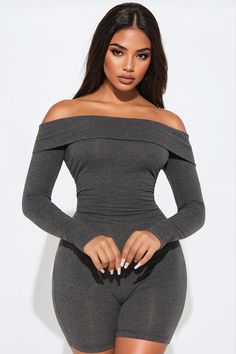 Available In Black, Charcoal, And Olive. Off Shoulder Romper Long Sleeve Fold Over Neckline Biker Shorts Ruched Back Detail Stretch Self: 55% Cotton 37% Rayon 8% Spandex Contrast: 60% Cotton 35% Rayon 5% Spandex Imported | Olivia Off Shoulder Romper in Charcoal size Large by Fashion Nova Romper Long Sleeve, Off Shoulder Romper, Long Romper, Long Sleeve Romper, Matching Dresses, Biker Shorts, Black Charcoal, Fold Over, Dresses For Sale