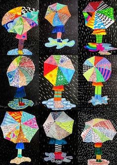 several colorful umbrellas are arranged on a black background, each with different designs and colors