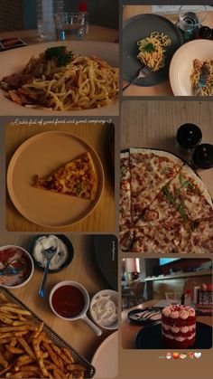 several pictures of different types of food including pizza, fries and drinks on the table