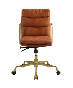 a brown leather office chair with wheels and casteors on an isolated white background, front view