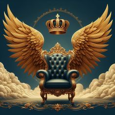 an ornate blue chair with gold wings and a crown on top, surrounded by clouds