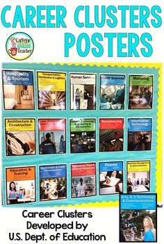 a poster with pictures of people on it and the words career clusters posters above them