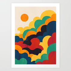 an abstract painting with colorful shapes and sun in the background