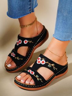 Floral Embroidery Wedge Sandals | EMERY ROSE Embroidery Heels, Slippers With Arch Support, Orthopedic Sandals, Open Toe Slippers, Sandal Platform, Slides Women, Platform Wedge Sandals, Slides Shoes, Comfortable Sandals