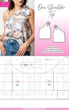 One Shoulder Tie Top Sewing Pattern One Shoulder Blouse Pattern, One Shoulder Tie Top, One Shoulder Top Bra Hack, Free Womens Top Sewing Pattern, One Shoulder Top Sewing Pattern, Sewing Tops For Women Pattern, Tie Top Sewing Pattern, Tie Top Pattern, Cotton Top Patterns