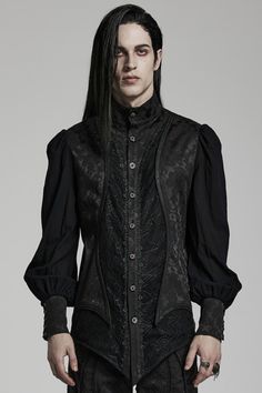 - made of jacquard fabric and thin pleated woven fabric - antique silver personalized buttons integrated into the spider mesh, chic and without losing the details - symmetrically 3d segmentation, embellished with webbing along the edge, highlighting the layering of the silhouette - stand collar design, fit version - make a statement with this gothic men's lantern sleeve button-up shirt Rave Men, Punk Hoodie, Punk Skirt, High Neck Shirts, Gothic Jackets, Gothic Skirt, Black Lace Shirt, Gothic Men, Punk Women