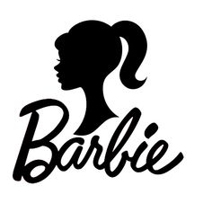 a woman's profile with the word barbie written in black on a white background