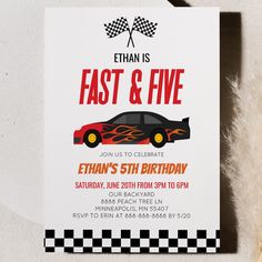 a birthday card with a race car on it and the words, fast & five