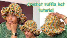 a woman wearing a crochet ruffle hat with her hands on her chin