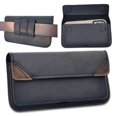 an image of a black leather case for a cell phone with belt clip and card holder