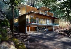 an artist's rendering of a modern house in the woods with trees and rocks