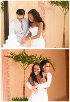 the bride and groom are cutting their wedding cake in front of each other, with palm trees behind them