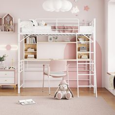 a white bunk bed sitting next to a desk and chair in a child's room