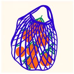 an orange in a blue mesh bag with four oranges on the inside and two green dots on the outside