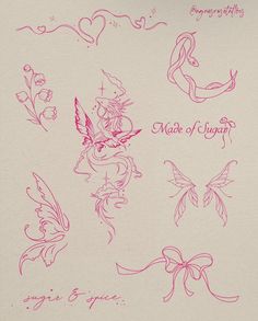 some pink ink drawings on white paper with hearts and flowers in the middle one has a small fairy sitting on it's back