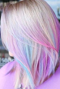 Peep A Boo Hair Color, Pastel Multicolor Hair, Purple And Pink Hair Highlights, Blonde Hair With Fun Colors, Vivid Hair Color Ideas Blondes, Fun Hair Color Ideas For Blondes Trends, Blonde Hair With Color Peekaboos, Unicorn Hair Dye, Holographic Hair