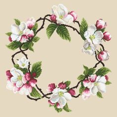 a cross stitch pattern with white and pink flowers in a circle on a beige background