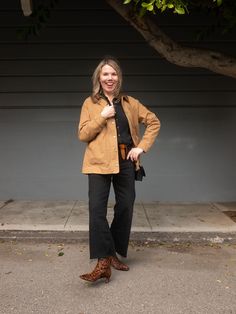 OUTFIT DETAILS: Old Navy barn jacket | Xirena gauze Scout shirt | Zara marine straight jeans | Isabel Marant Lecce belt | Madewell Dimes Boot Zara Marine Straight Jeans, Marine Straight Jeans, Madewell Boots, Gap Cardigan, Barn Jacket, Elemis Pro Collagen, Everyday Shoes