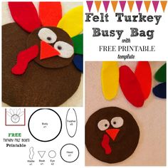 felt turkey busy bag with free printable template and instructions to make it in the shape of a turkey