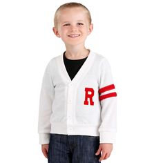 The Fun Costumes Rydell High Letterman Sweater for ToddlersIs your little one itching to earn his letters? Does he want to become the star of the team? Well, now he can take his first steps toward becoming captain of the team with this officially licensed costume inspired by the iconic 1978 film, Grease.This Toddler Grease Rydell High Letterman Sweater turns your little one into the star athlete on Rydell High's varsity squad! The white cardigan style sweater is made out of a cozy acrylic materi Rydell High, Decades Costumes, 50s Costume, Grease Costumes, Letterman Sweaters, Acrylic Sweater, Large Sweaters, Small Sweater, White Cardigan