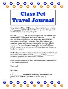 a dog's travel journal with paw prints and the words, class pet travel journal