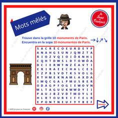 a word search page with the words in french