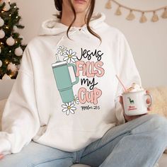 Jesus Fills My Cup Hoodie Easy 30 day return policy Christian Aesthetic Outfit, Psalm 23 5, Christian Clothes, Jesus Clothes, Christian Shirts Designs, Christian Merch, Jesus Sweatshirts, Christian Hoodies, Christian Quotes God