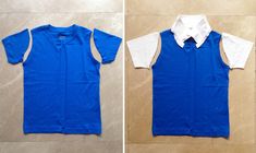 two pictures of the same blue and white shirt, one with a collar on it