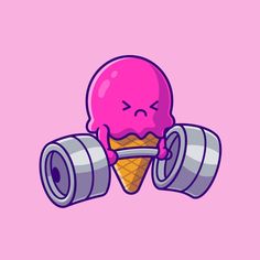 an ice cream cone with a camera around it's neck, on a pink background