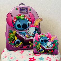 Loungefly Disney Lilo & Stitch Scrump Reading Mini Backpack and Wallet Bag Display Ideas Bedroom, Stitch Reading, Stitch Loungefly, Stitch Scrump, Lounge Fly, Loungefly Purse, Disney Backpack