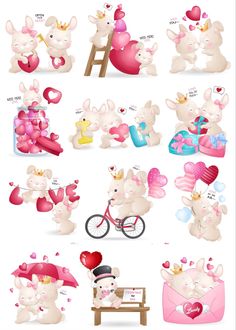 some cartoon animals with hearts and balloons