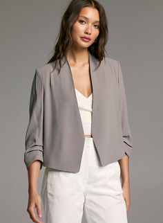 POWER SHORT BLAZER - Cropped, 3/4 rolled sleeve blazer Elegant Formal Open Front Outerwear, Elegant Open Front Blazer, Fitted Notch Lapel Versatile Blazer, Versatile Formal Blazer For Spring, Versatile Formal Spring Blazer, Versatile Spring Formal Blazer, Elegant Open Front Formal Blazer, Elegant Open Front Solid Color Blazer, Elegant Fitted Open Front Blazer