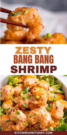 two pictures with different types of food in them and the words zesty bang bang shrimp