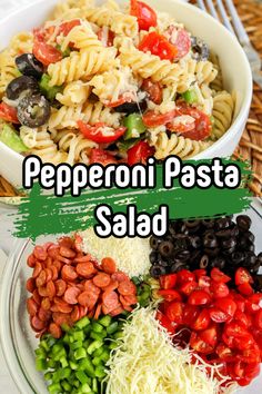 a bowl filled with pasta and vegetables on top of a table