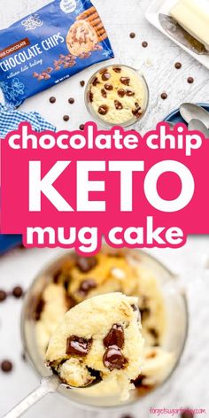 chocolate chip keto mug cake with text overlay