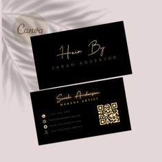 two black and gold business cards with the name hair by sarah anderson on them