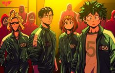 three anime characters are standing in front of a group of people with numbers on their shirts