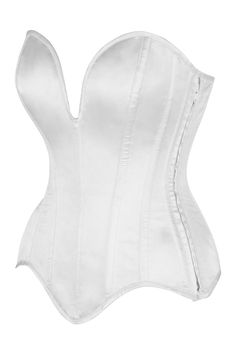 Full bust corset made of premium satin fabric Side zipper closure Flattering deep plunge neckline 6" Modesty Panel 11 Spiral Steel Bones throughout body of corset Flat steel bones at back Ribbon lace-up back for cinching Waist Tape Hand Wash Hosiery Dress, White Leotard, Military Costumes, Nurse Costume, Waist Cincher Corset, White Corset, Strapless Corset, Overbust Corset, Thigh High Stockings