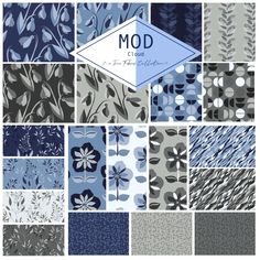 a collage of blue and gray patterns with the word mod on top of it