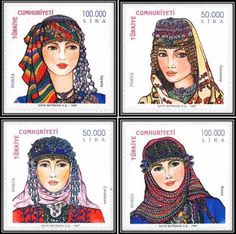 four postage stamps with women wearing head scarves and headscarves on them, all in different colors