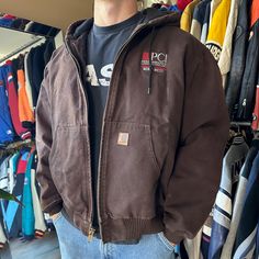 *Size men's XL, refer to measurements *In great condition *Has a slight fade *Had chest logo & small holes on front. *Zipper works great *Has a great boxy fit *Message us any questions Chest: 28.5 in Length: 28.5  in Model 6'1 - 195 Vintage Carhartt Jacket, Vintage Carhartt, Front Zipper, Hooded Jacket, Mens Jackets, Art Collection, Bathing Beauties, Jackets & Coats, Street Wear